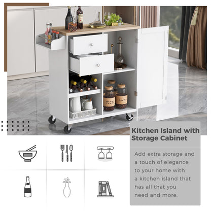 K&K Store Kitchen Cart with Spice Rack ,Towel Rack & Two Drawers,Rubber wood top,Kitchen Island with 4 Wheels for Dining Rooms Kitchens Living Rooms, White