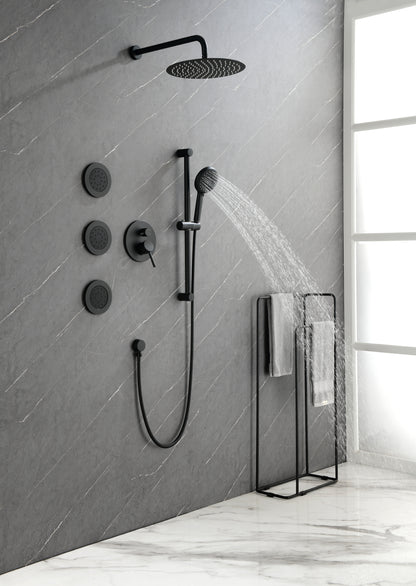 Shower System with Shower Head, Hand Shower, Slide Bar, Bodysprays, Shower Arm, Hose, Valve Trim, and Lever Handles