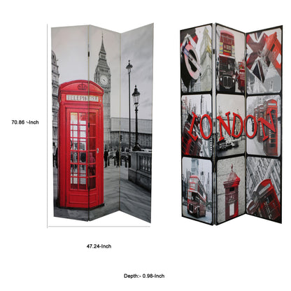 71 Inch 3 Panel Room Divider, LONDON Digital Print, Wood, Gray, Red