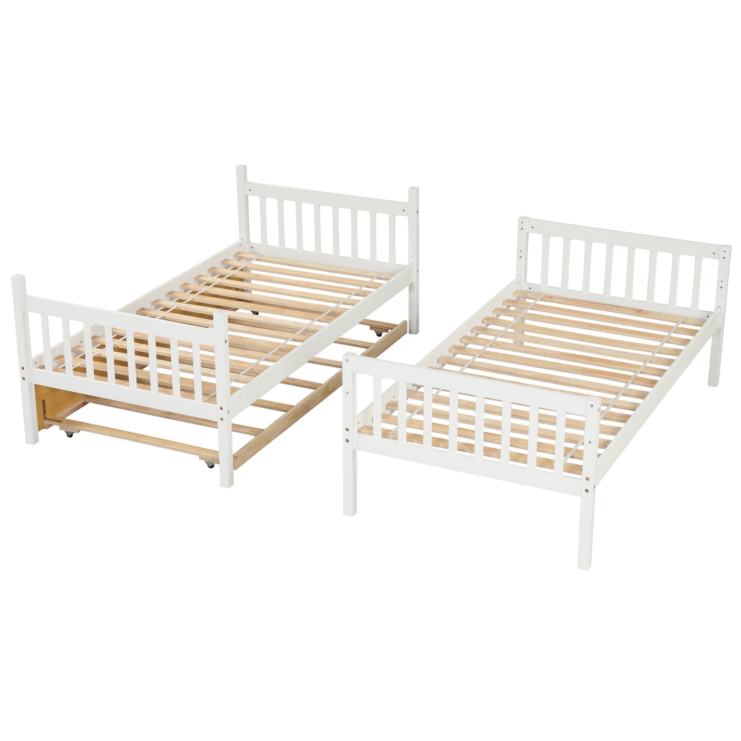 Twin Over Twin Bunk Beds with Trundle, Solid Wood Trundle Bed Frame with Safety Rail and Ladder, Kids/Teens Bedroom, Guest Room Furniture, Can Be converted into 2 Beds, White (Old Sku:W504S00028)