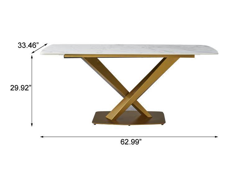 Sintered stone dinning table with 6 pcs Chairs ,Carrara white color , Modern Dinning table with solid Gold Carbon Stell base 63"