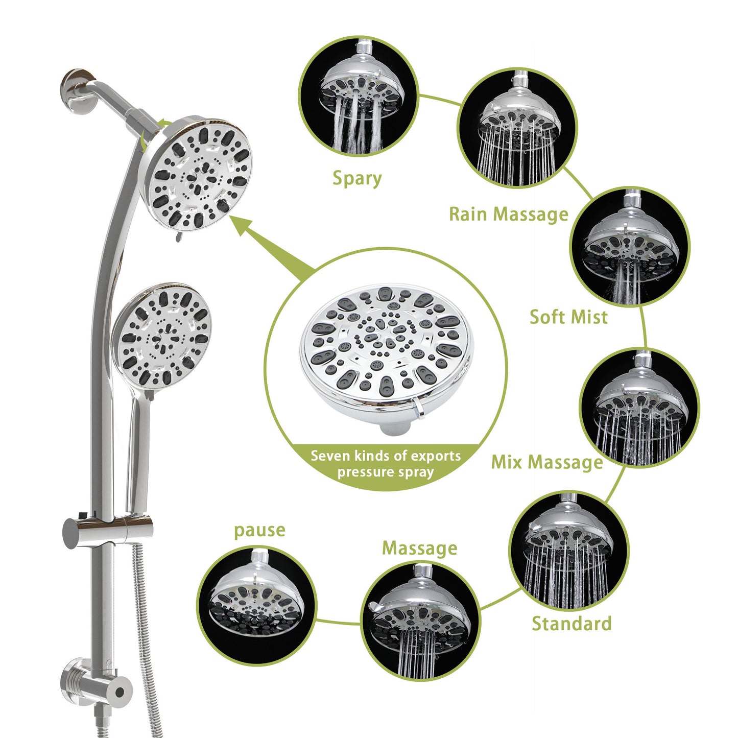 Multi Function Dual Shower Head - Shower System with 4.7" Rain Showerhead, 7-Function Hand Shower, Adjustable Slide Bar,Chrome