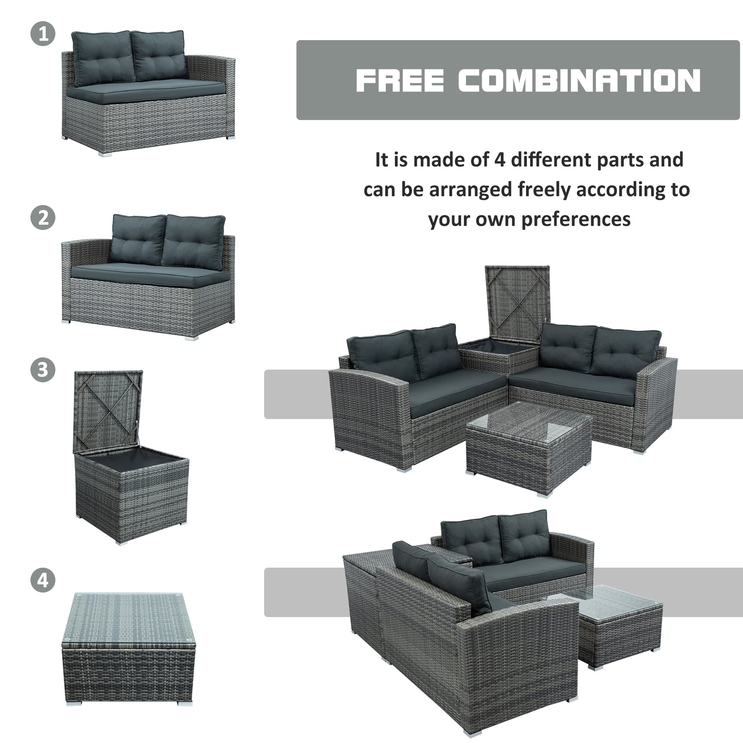 U_STYLE Outdoor Furniture Sofa Set with Large Storage Box