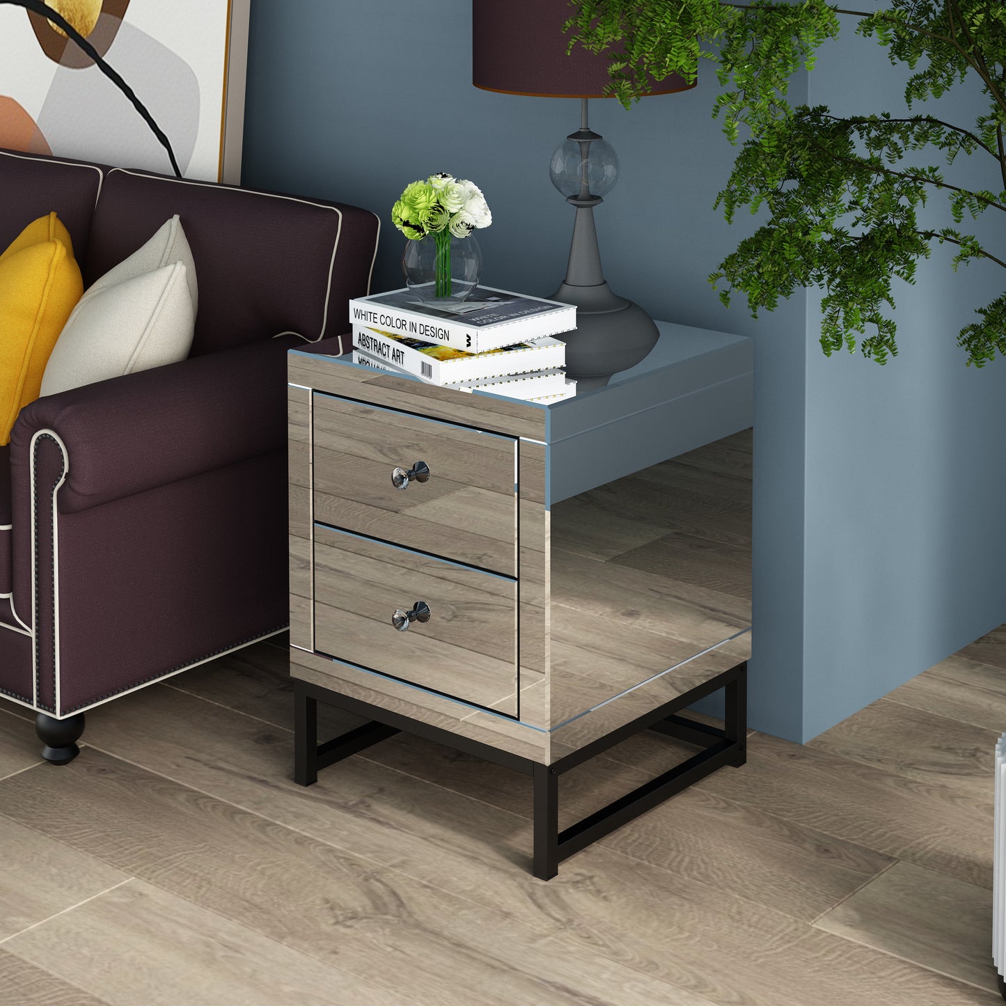 mirrored 2 drawer nightstand,Modern End Table with Drawer, Bedside Table for Bedroom, Living Room