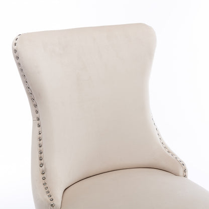 A&A Furniture,Cream Upholstered Wing-Back Dining Chair with Backstitching Nailhead Trim and Solid Wood Legs,Set of 2, Beige