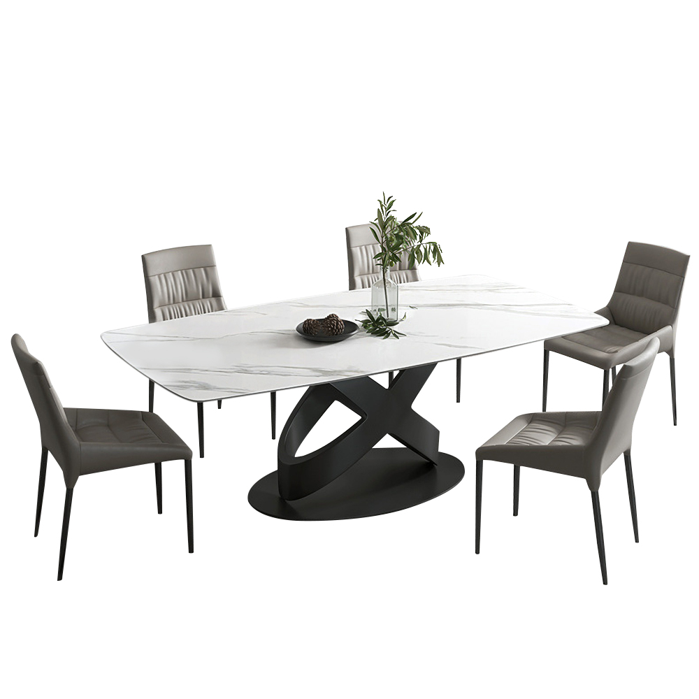 55"Modern White Dining Table for 4, Sintered Stone Tabletop Kitchen Table, Solid Black Carbon Steel Base