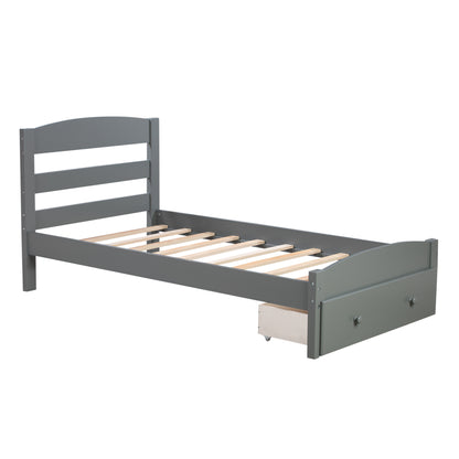 Platform Twin Bed Frame with Storage Drawer and Wood Slat Support No Box Spring Needed, Gray