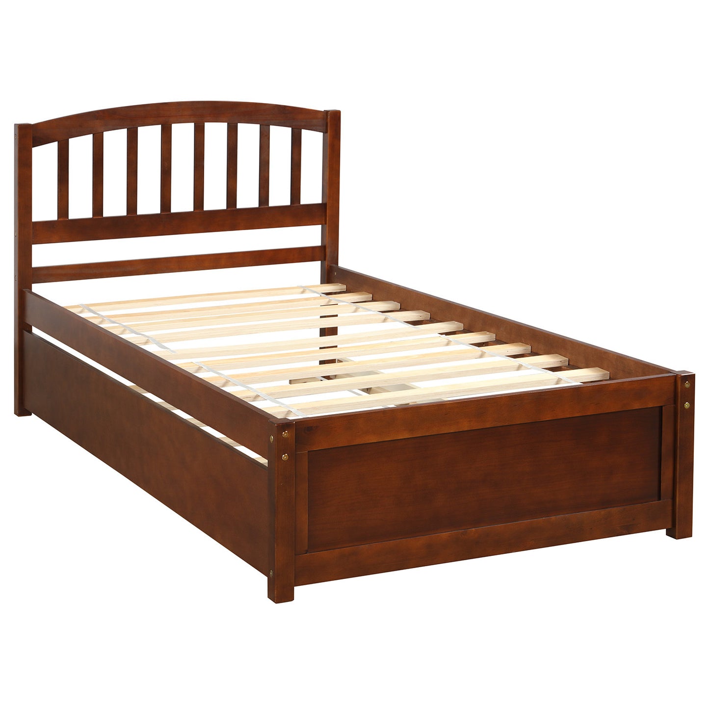 Twin size Platform Bed Wood Bed Frame with Trundle, Walnut