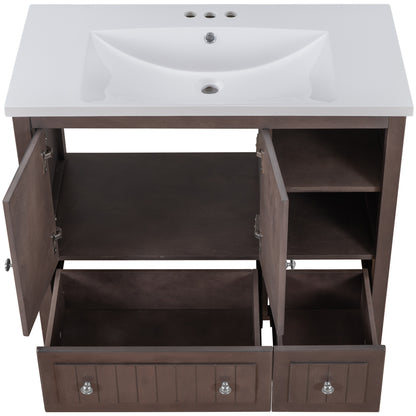 [VIDEO] 36" Bathroom Vanity with Ceramic Basin, Bathroom Storage Cabinet with Two Doors and Drawers, Solid Frame, Metal Handles, Brown