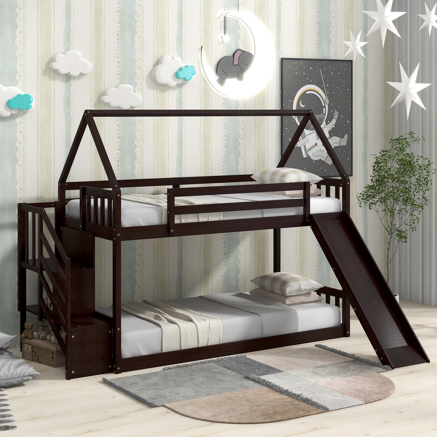 Twin over Twin House Bunk Bed with Slide and Storage Staircase,Espresso