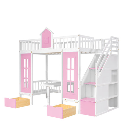 Twin-Over-Twin Bunk Bed with Changeable Table , Bunk Bed  Turn into Upper Bed and Down Desk with 2 Drawers - Pink