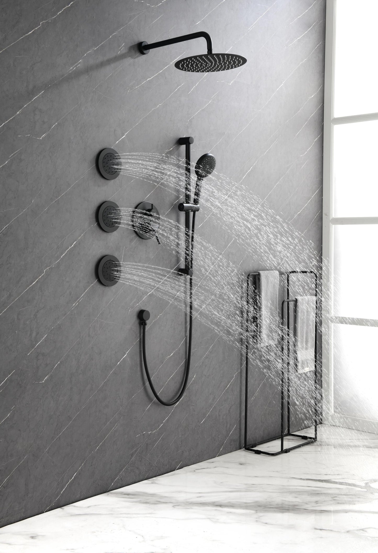 Shower System with Shower Head, Hand Shower, Slide Bar, Bodysprays, Shower Arm, Hose, Valve Trim, and Lever Handles