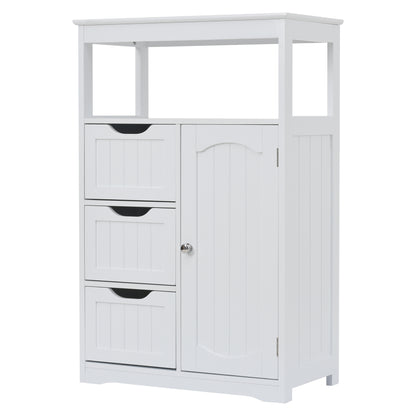 White Bathroom Cabinet, Freestanding Multi-Functional Storage Cabinet with Door and 3 Drawers, MDF Board with Painted Finish