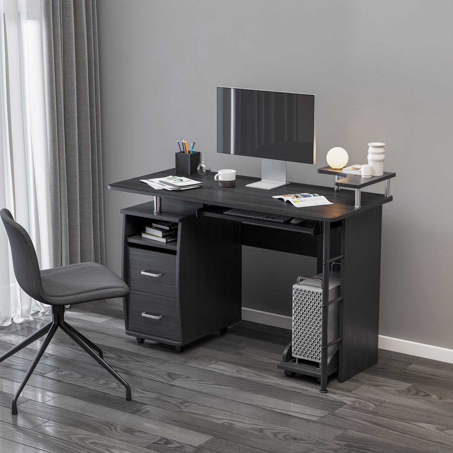 D&N solid wood computer Desk,office table with PC droller, storage shelves and file cabinet , two drawers, CPU tray,a shelf  used for planting, single , black. 47.24''L 21.65''W 34.35''H