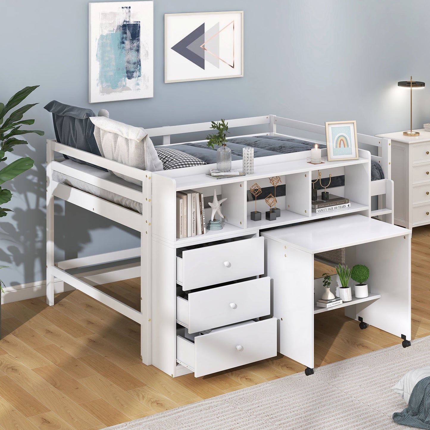 Full Size Low Loft Bed with Rolling Portable Desk, Drawers and Shelves,  White