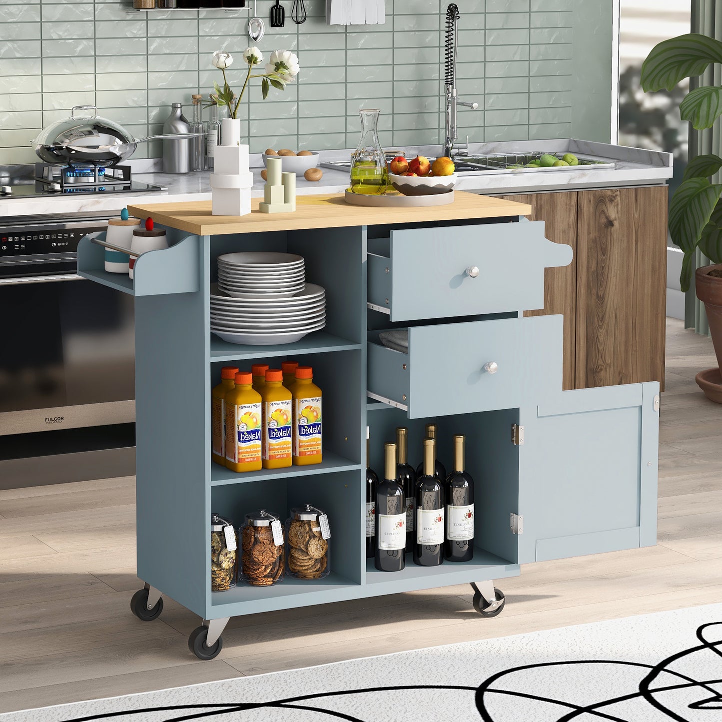 K&K Store Kitchen Cart on 4 Wheels with 2 Drawers and 3 Open Shelves, Kitchen Island with Rubber Wood top for Dinning Room, Grey Blue