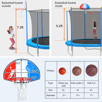 8FT Trampoline for Kids with Safety Enclosure Net, Basketball Hoop and Ladder, Easy Assembly Round Outdoor Recreational Trampoline