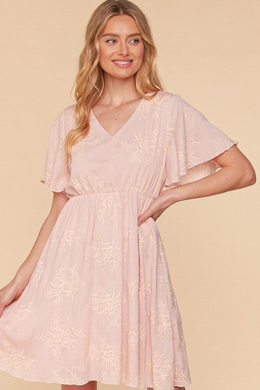 CRINKLE EMBROIDERED FLARE WOVEN DRESS