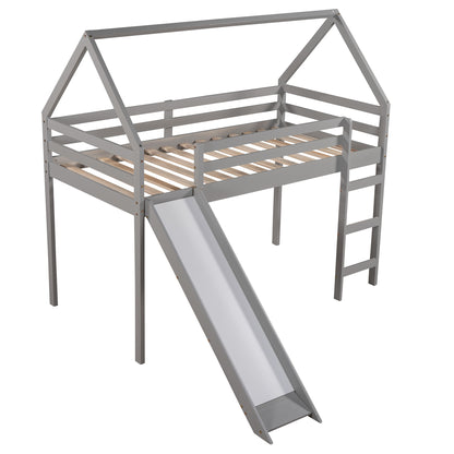 Twin Size Loft Bed with Slide, House Bed with Slide,Gray(OLD SKU :WF281158AAE)