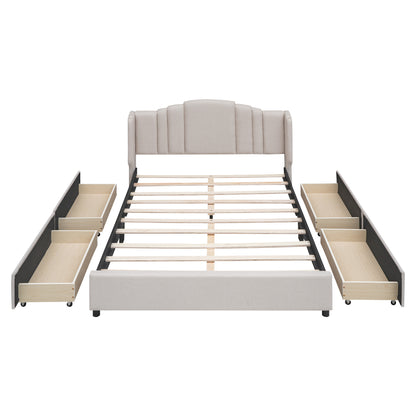 Upholstered Platform Bed with Wingback Headboard and 4 Drawers, No Box Spring Needed, Linen Fabric, Queen Size Beige