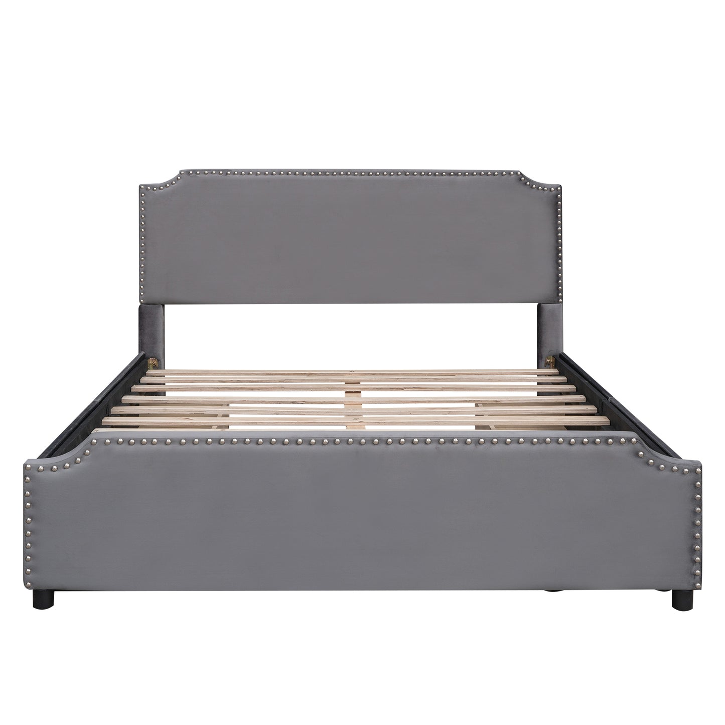 Upholstered Platform Bed with Stud Trim Headboard and Footboard and 4 Drawers No Box Spring Needed, Velvet Fabric, Queen Size (Gray)