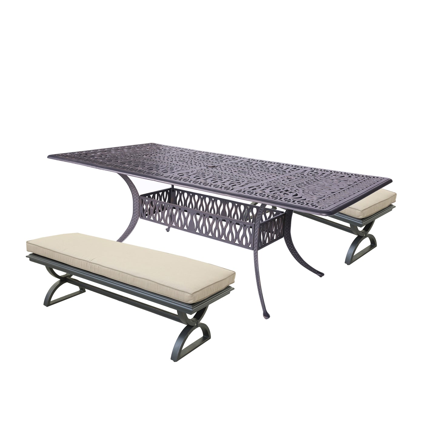 3 Piece Outdoor Aluminum Dining Set, Rectangular table and Benches, Spectrum Sand