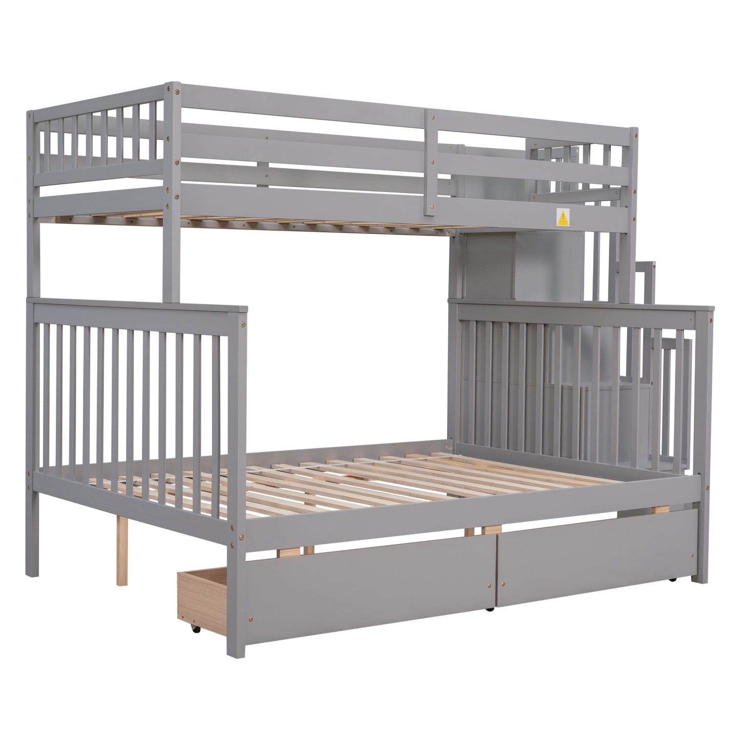 Twin Over Full Bunk Bed with 2 Drawers and Staircases, Convertible into 2 Beds, the Bunk Bed with Staircase and Safety Rails for Kids, Teens, Adults, Grey