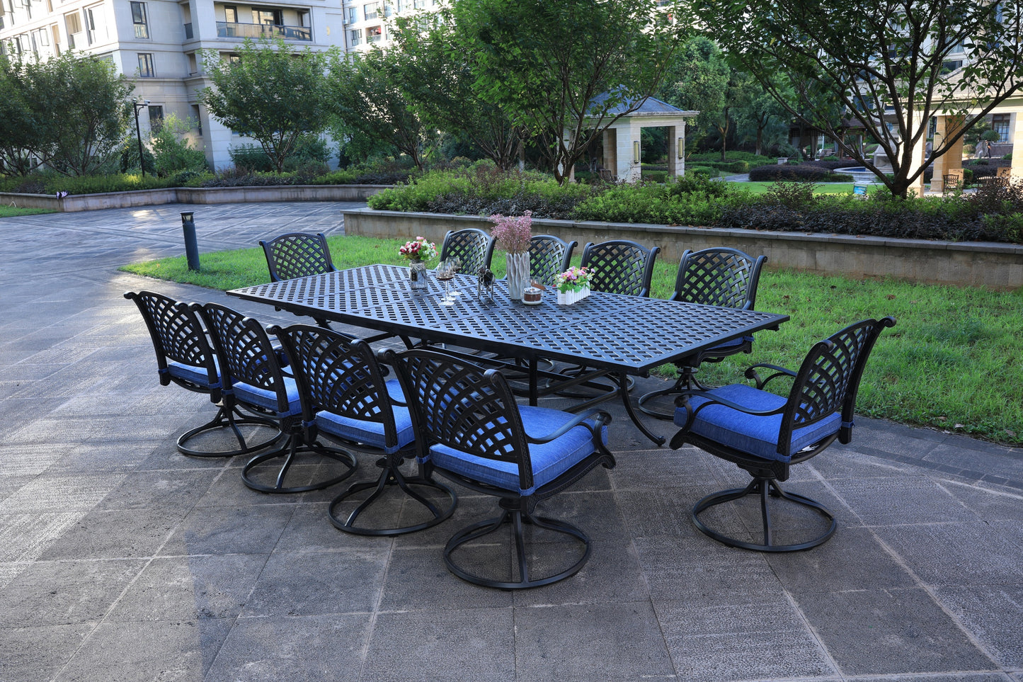 Rectangular 10 - Person 126.38" Long Dining Set with Navy Blue Cushions