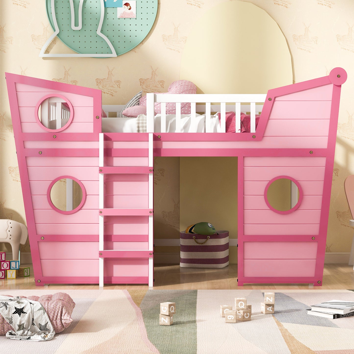 Full Size Boat Shape Loft Bed with Ladder-Pink