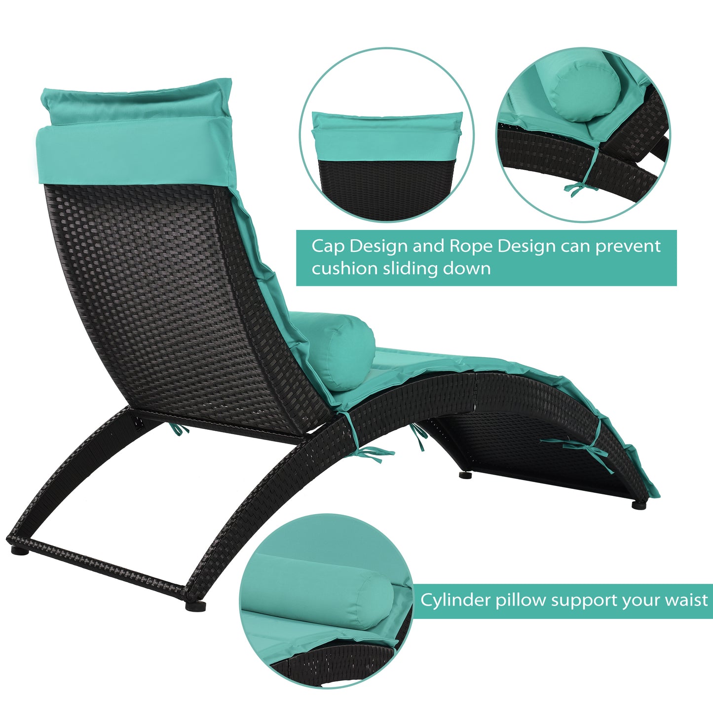 GO Patio Wicker Sun Lounger, PE Rattan Foldable Chaise Lounger with Removable Cushion and Bolster Pillow, Black Wicker and Turquoise Cushion (2 sets)