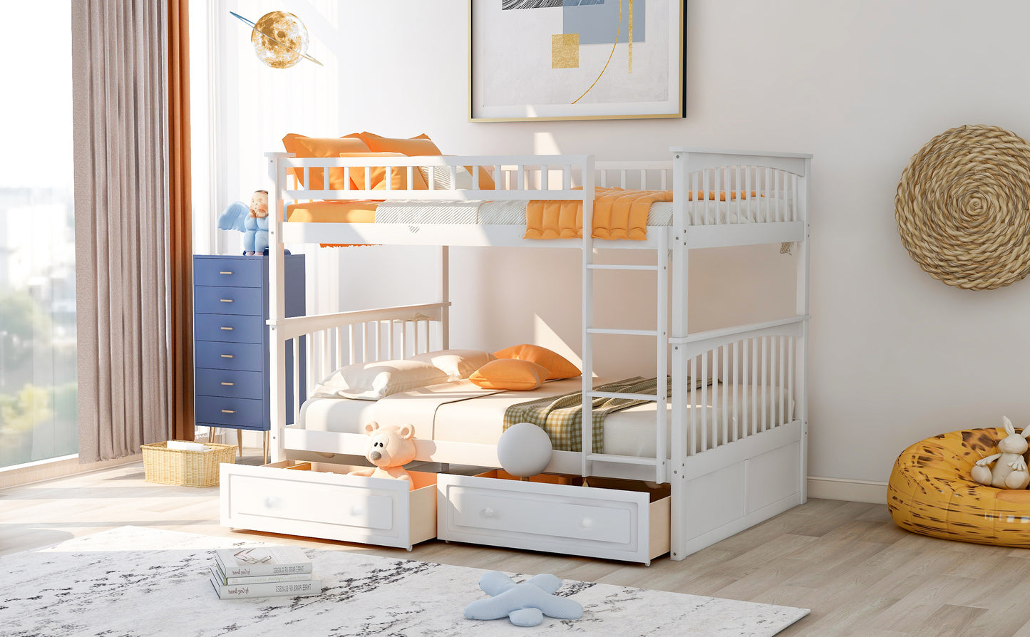 Full over Full Bunk Bed with Drawers, Convertible Beds, White(OLD SKU:SM000241AAK)