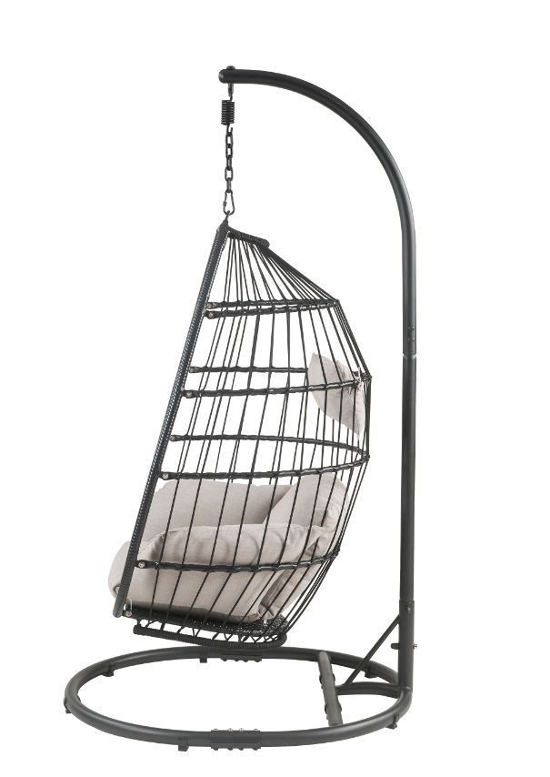 ACME Oldi Patio Hanging Chair with Stand, Beige Fabric & Black Wicker 45115