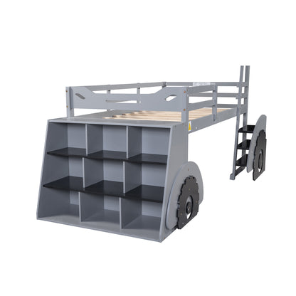 Twin Size Forklift Car-Shaped Loft Bed with Storage Shelves,Gray