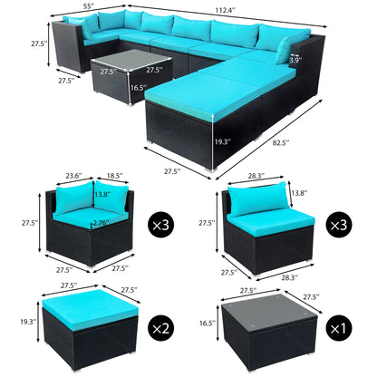 GO 9-piece Outdoor Patio PE Wicker Rattan conversation Sectional Sofa sets with 3 sofa, 3 corner sofa, 2 ottomans, and 1 glass coffee table, removable soft cushions (Black wicker, Blue cushion)