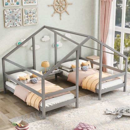 Double Twin Size Triangular House Beds with Built-in Table,Gray