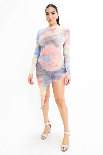 Asymetrical Tie Dye Mesh Dress