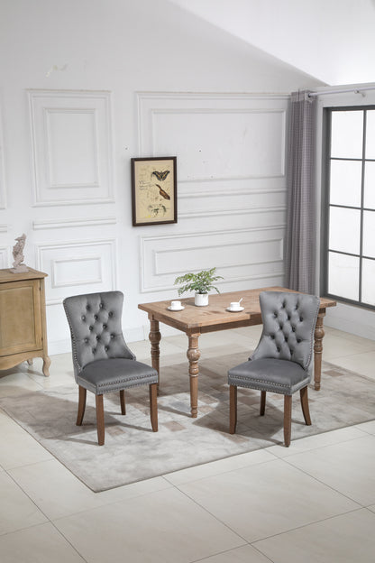 Upholstered Button Tufted Back Gray Velvet Dining Chair with Nailhead Trim and Solid Wood Legs 2 Sets