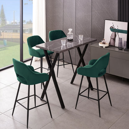 Bar Stools Set of 2 Velvet GREEN Breakfast Dining Bar Stools Fixed Height Bar Chairs with Metal Frame and Footrest for Breakfast Bar, Counter, Kitchen and Home