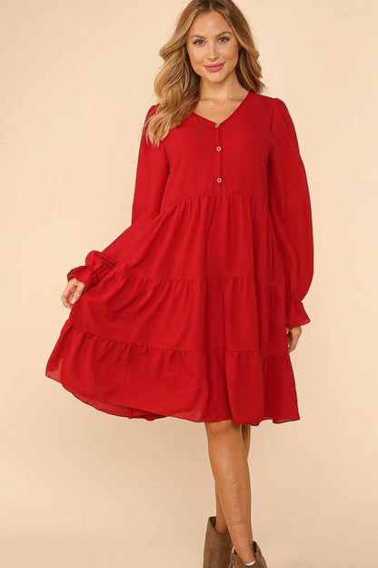 V NECK BUTTON DETAIL RUFFLE HEM TIERED DRESS