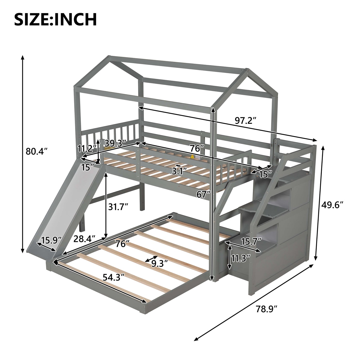 Twin over Full House Bunk Bed with Convertible Slide and Storage Staircase,Full-Length Guardrail,Gray