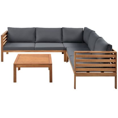 GO Wood Structure Outdoor Sofa Set with gray Cushions Exotic design Water-resistant and UV Protected texture Two-person Sofa One Corner Sofa plus One Coffee Table Strong Metal Accessories