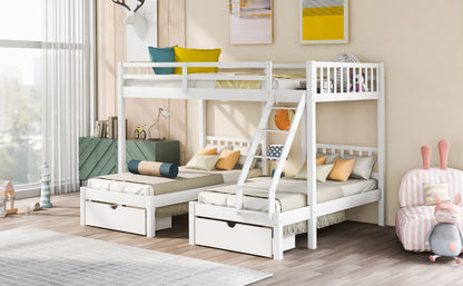 Full Over Twin & Twin Bunk Bed, Wood Triple Bunk Bed with Drawers and Guardrails  (White) （OLD SKU:LP000143AAK）