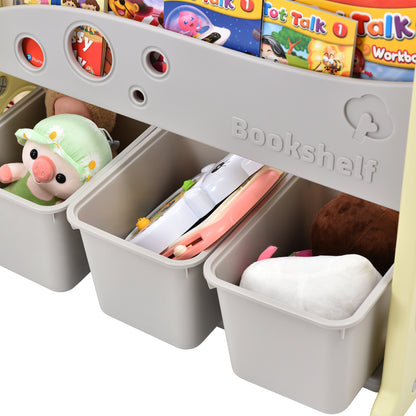 Kids Bookshelf Toy Storage Organizer with 3 Large Bins and 4 Bookshelves, Multi-functional Nursery Organizer Kids Furniture Set with HDPE Shelf and Bins for Playroom, Bedroom, Living Room