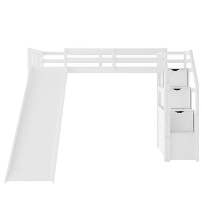 Twin Size Loft Bed with Storage and Slide, White