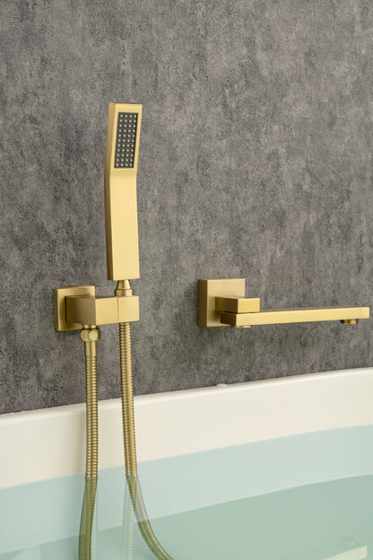 Waterfall Wall Mounted Bathtub Faucet with Hand Shower Swivel Tub Filler Faucet Single Handle Solid Brass