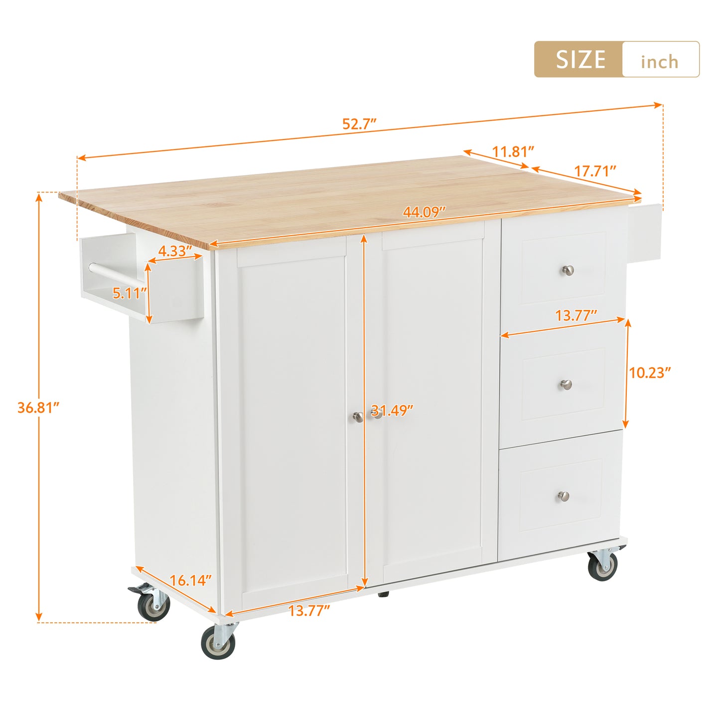 Rolling Mobile Kitchen Island with Solid Wood Top and Locking Wheels，52.7 Inch Width，Storage Cabinet and Drop Leaf Breakfast Bar，Spice Rack, Towel Rack & Drawer （White）