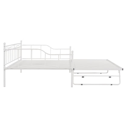 Full Size Metal Daybed with Twin Size Adjustable Trundle, Portable Folding Trundle, White