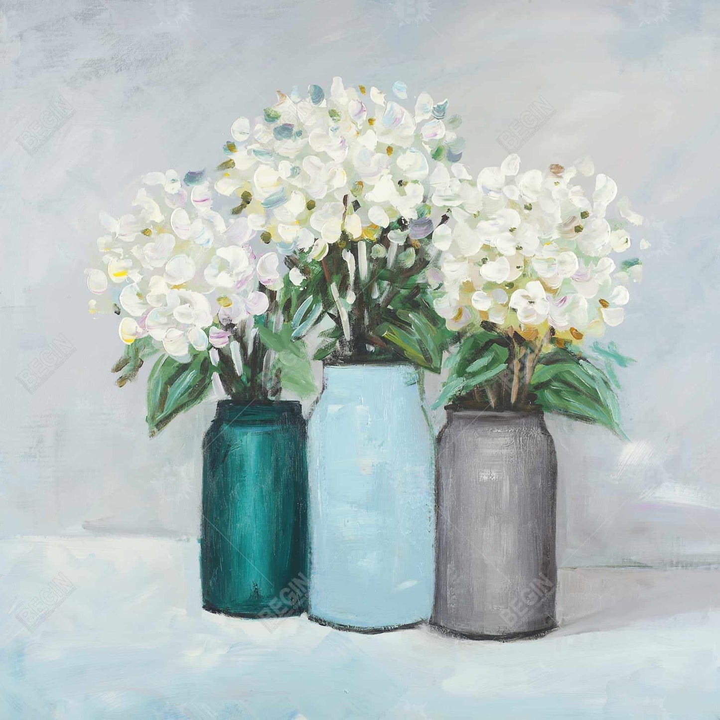 Hydrangea flowers in blue vases - 12x12 Print on canvas