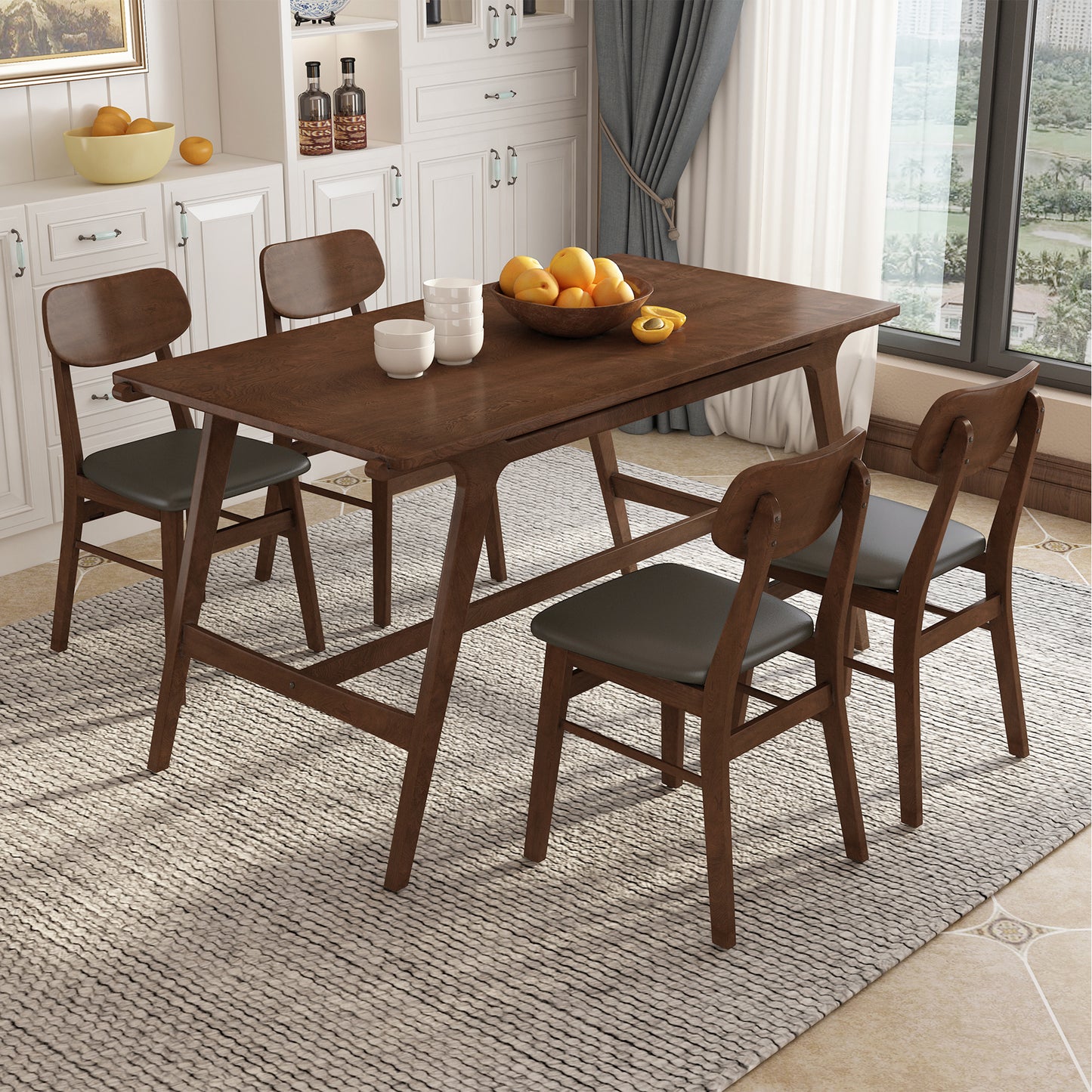 TREXM 5-Piece Mid-Century Style Dining Table Set Kitchen Table with 4 Faux Leather Dining Chairs (Brown)