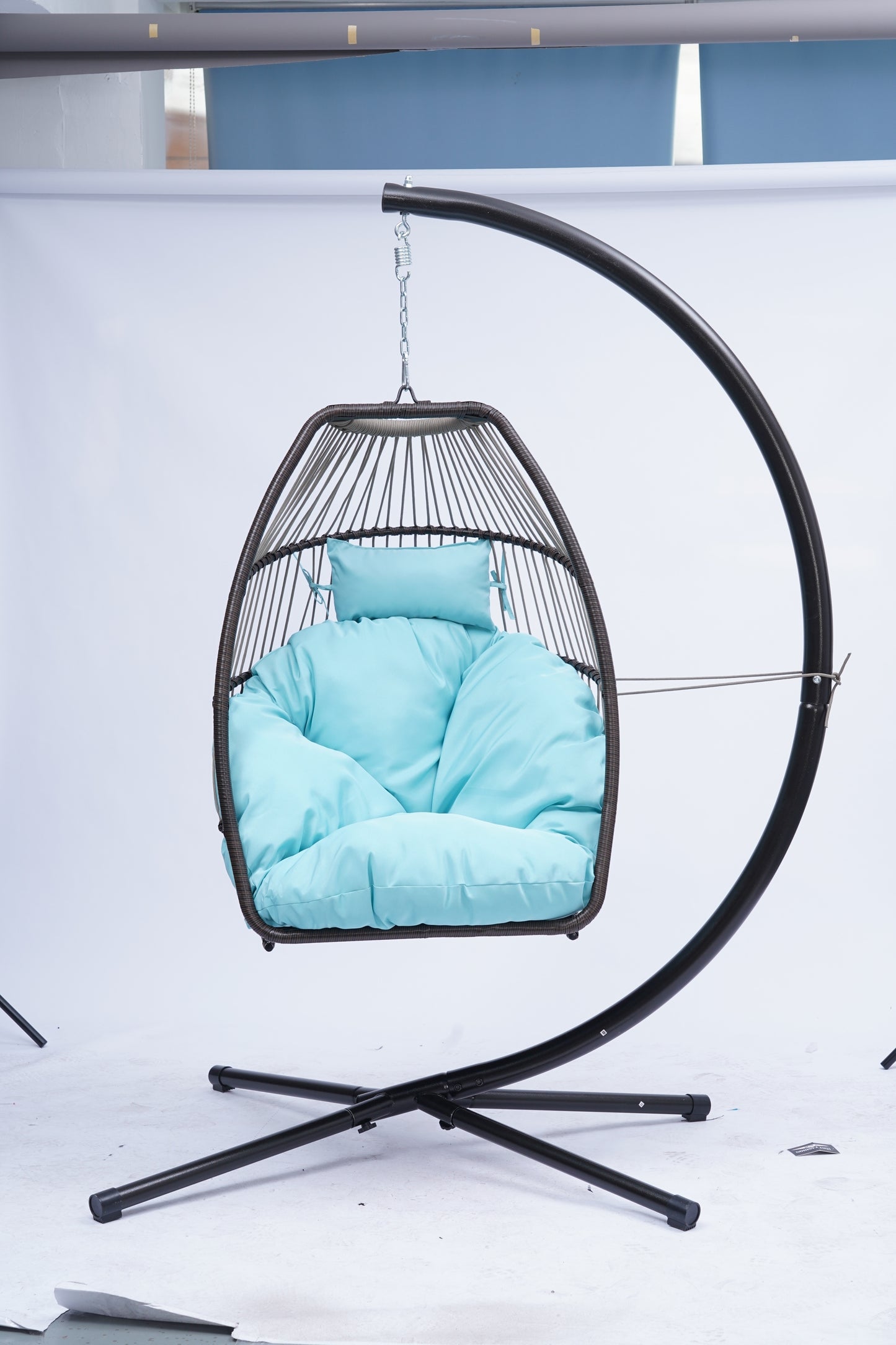 Patio Wicker folding Hanging Chair,Rattan Swing Hammock Egg Chair with C Type bracket , with cushion and pillow,for Indoor,Outdoor，Blue